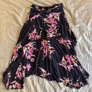 Le Chateau | women's 2 Black and Pink Floral flowy Maxi Skirt with gold rings